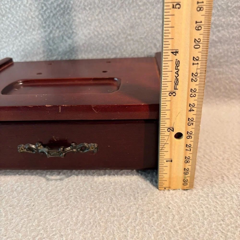 Vtg. Wooden Jewelry Box with Velvet-Lined Single Drawer with Decorative Handle